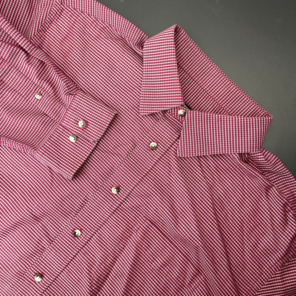 Jos A Bank Travelers Shirt Mens XL Red Check Tailored Fit Button Up Long Sleeve
